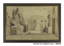 QUADRO ANTICO SCENA VITA IN CHIESA PRETE IN SACRESTIA DIPINTO BIANCO NERO BM1N