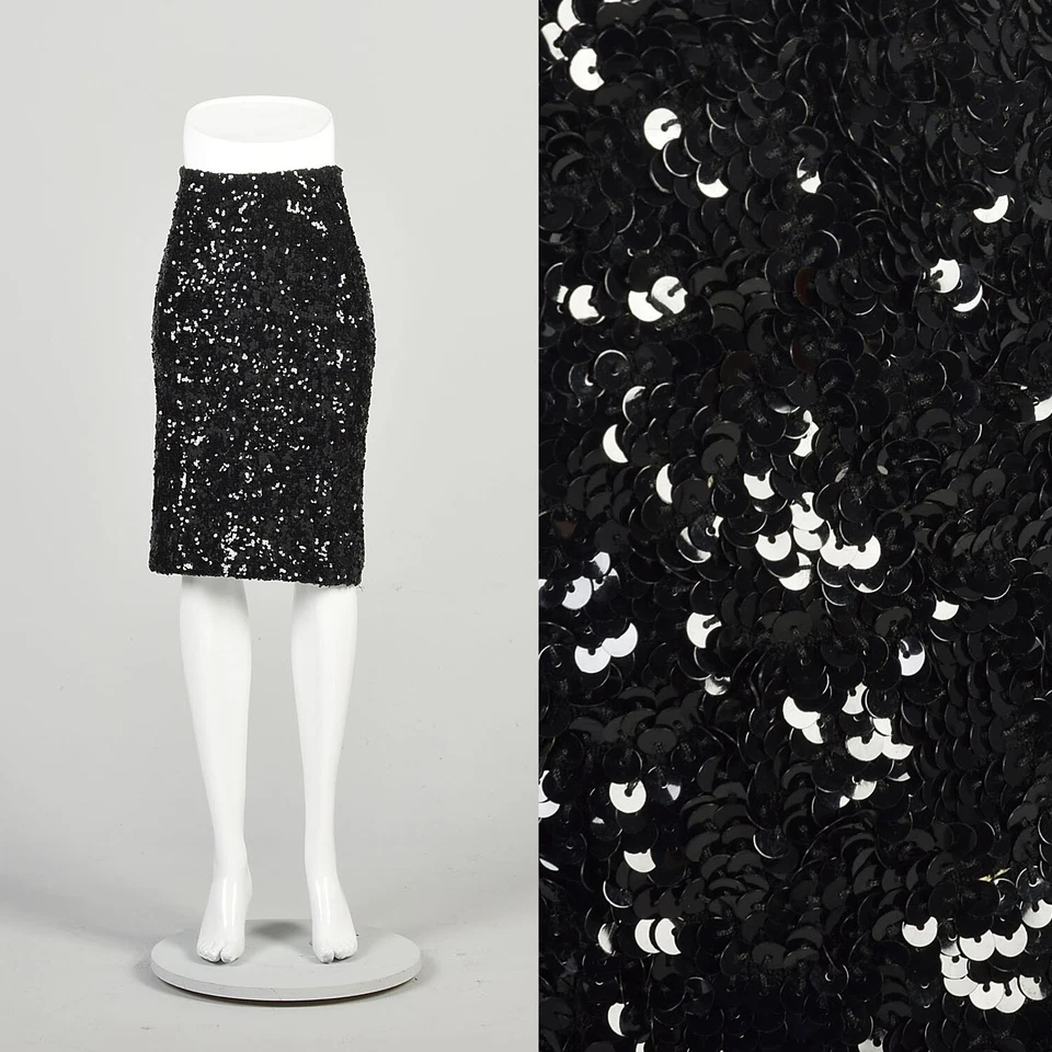 S-M 2000s Donna Karan Skirt Black Knit Wool Bodycon Knee Length Formal Elegant