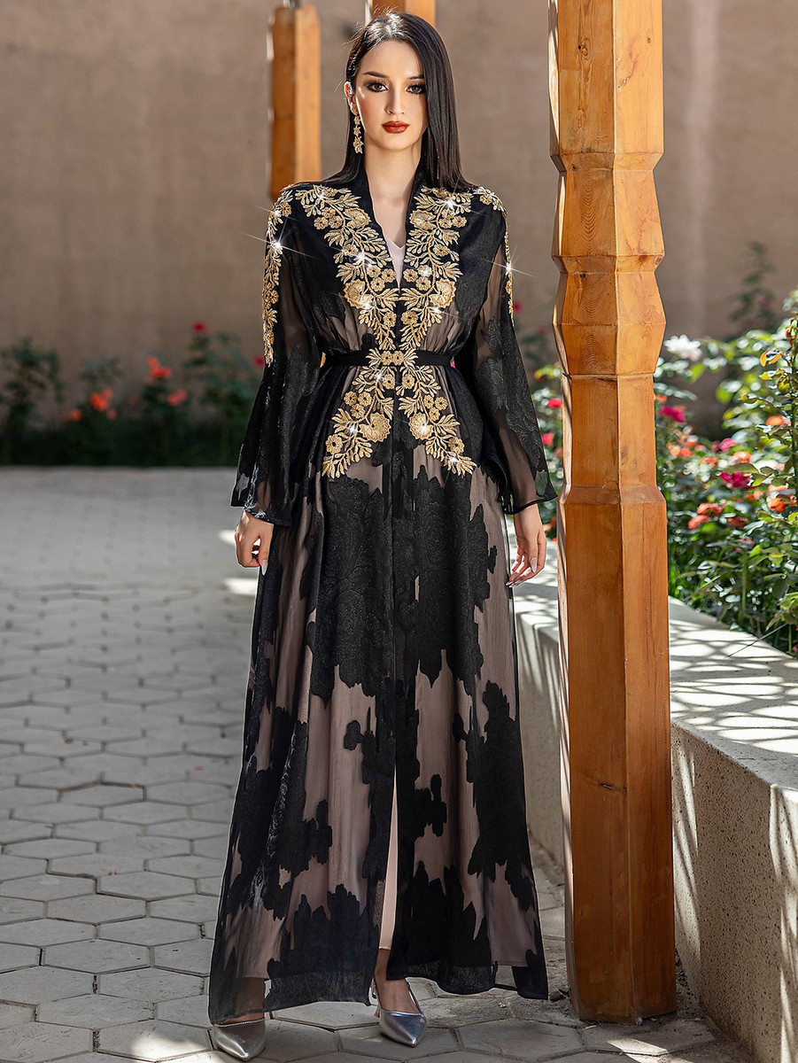 2pcs Women Muslim Open Abaya Cardigan Maxi Dress Embroidery Kaftan