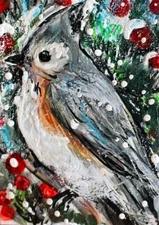 ORIGINAL ACEO BIRD Painting Grey Tufted TITMOUSE Spring Nature Flowers ATC ART