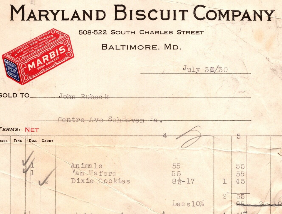 Maryland Biscuit Co Baltimore MD 1930 Billhead MARBIS Soda Crackers ...