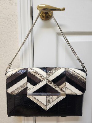Charles David Bag Clutch Black Multicolor Leather Chain Animal Print Purse New  