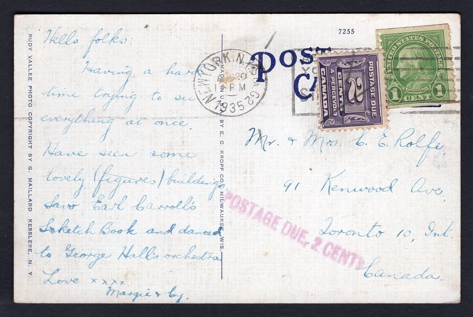 Postal del restaurante Hollywood Cabaret de Nueva York 1935. Franqueo de Canadá debido. Flapper Foto 2 de 3