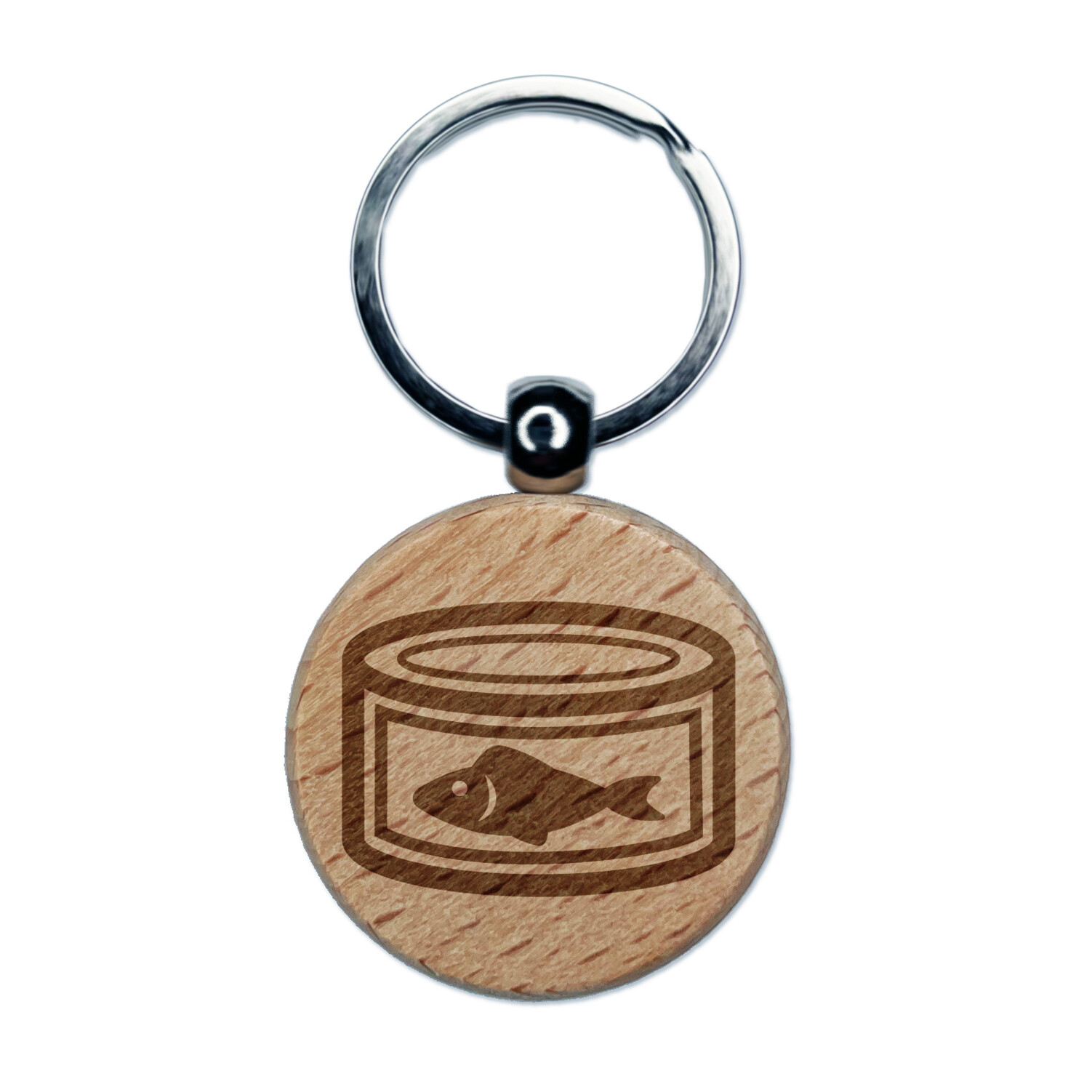 Engraved Wood Keychain with Tuna Fish Can Design