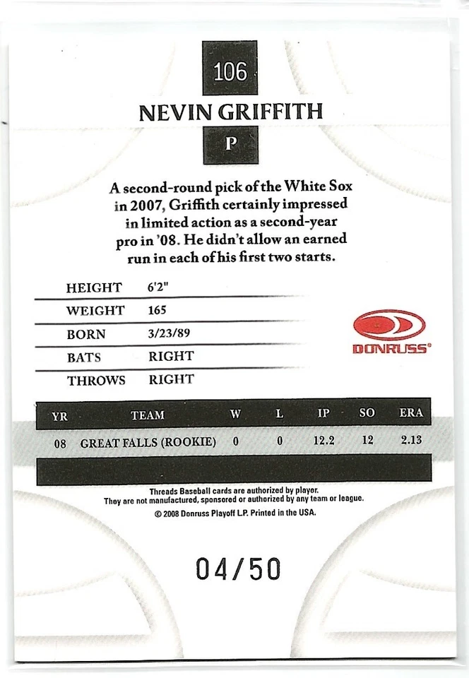 2008 Donruss Threads Baseball Nevin Griffith #106 Century Proof Gold 04/50 - Image 2 of 2
