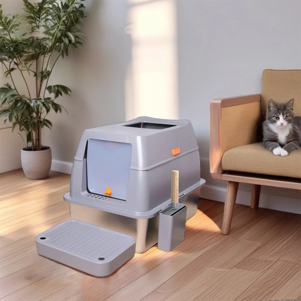 Закрытый лоток для кошачьего туалета из нержавеющей стали с очень большой крышкой для больших кошек - Изображение 3 из 4