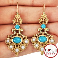 Estate Turquoise Pearl 14K Yellow Gold Dangle Drop Earrings 9.9 Grams NR