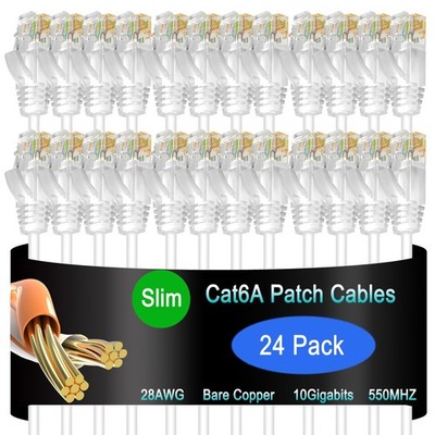 24 PCS Cat6a Slim Ethernet Patch Cable 1 ft 10G Network Patch Cable White