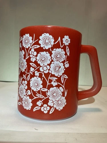 Vintage Federal Glass USA Heat Proof Milk Glass Mug with White Floral Pattern