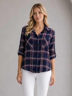 Express Womens Navy Plaid Button Front Top Size Large Lightweight Summer Preppy 