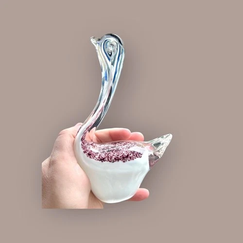 Vintage Murano style Swan Speckled Glass Paperweight White Purple Hand Blown Art