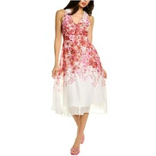 3784 Danny and Nicole Sleeveless Pink Red Floral fit Flare Chiffon Dress Sz 8
