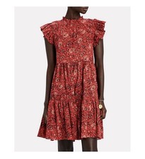 $395 ULLA JOHNSON Red Poppy Floral HANA Ruffle Tiered Cotton Flowy Sun Dress 4 S