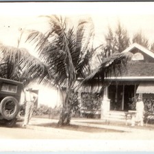 1926 Tropical House Palm Trees Antique Car Snapshot Photo Vintage Architecture