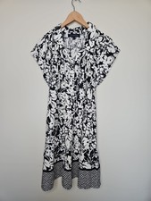 Tommy Hilfiger Shirt Dress L Black White Floral Linen Blend Cottage Coastal Chic