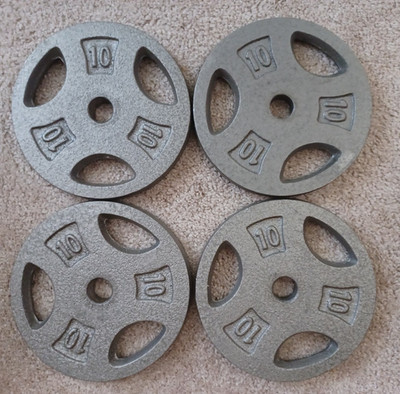 Qty 4 Cast Iron Weight Plates w/ 1'' Hole & Tri-Grip Handles, 10 Pounds Each