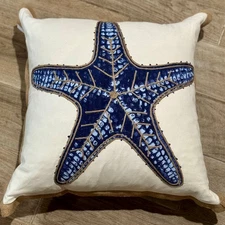 Nautical Star Fish Print Down Filled Throw Pillow, Navy Blue, 20"
