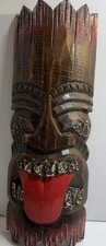 Wooden TIKI Mask Wall Hanging Decor Hand Carved Bold Design Red Tongue Big Teeth