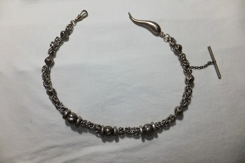 VINTAGE ANTIQUE STERLING SILVER ALBERT T-BAR POCKETWATCH CHAIN "CORNO" FOB CHARM