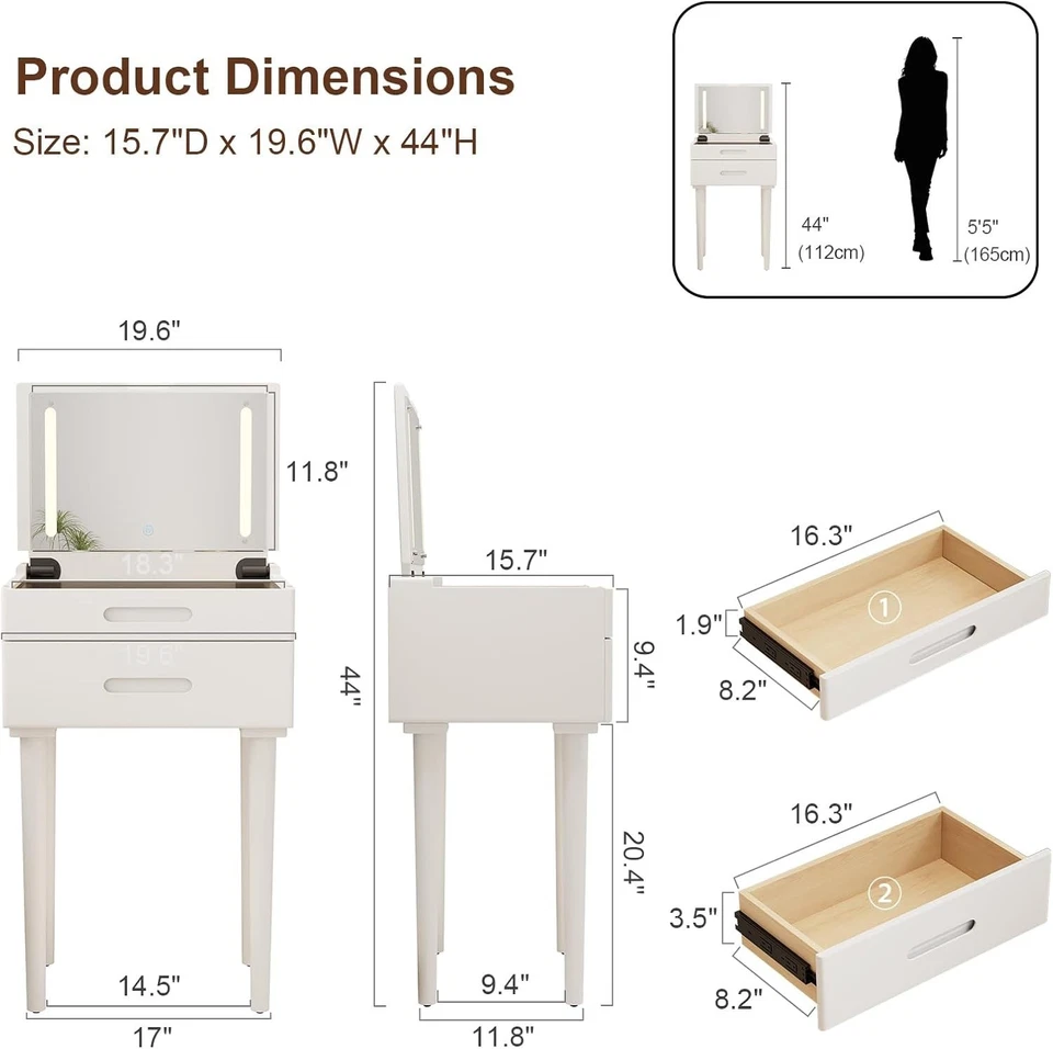 Solid Wood Small Vanity Desk with Flip Top Mirror Vanity Glass Slim Dressing - Image 2 of 4
