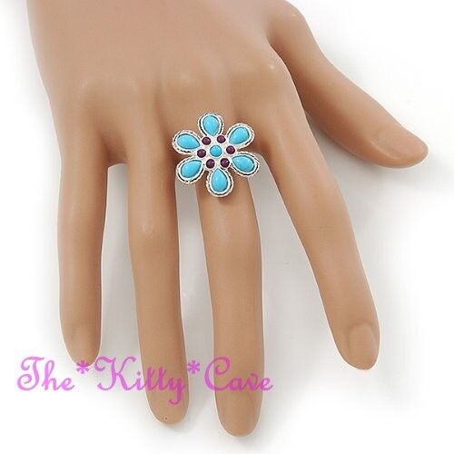 Turquoise & Violet Shabby Boho Chic Retro Ethnic Silver Floral Daisy Flower Ring - Picture 1 of 7