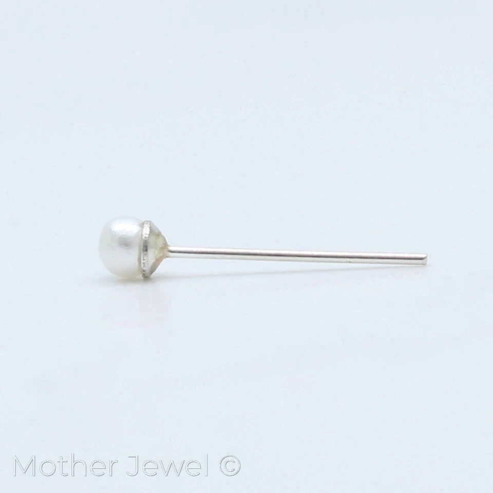 REAL SOLID 925 STERLING SILVER FAUX PEARL BALL BENDABLE STRAIGHT PIN NOSE STUD - Image 3 of 3