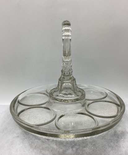 Vintage Clear Glass Round Drink Carrier Tray With Handle Holds 6 Glasses - Picture 2 of 7