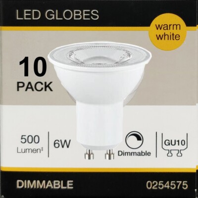 10 x 6W Dimmable LED GU10 Downlight Globes Lamp Bulb Warm White 3000K ...
