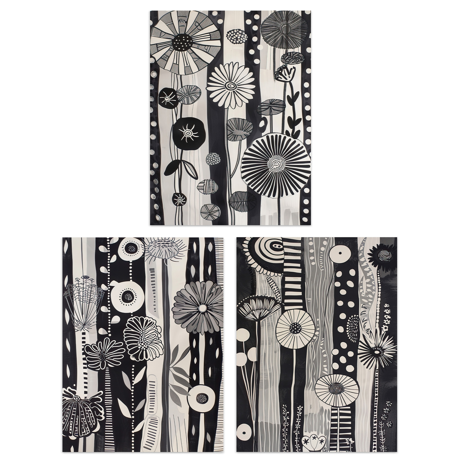 Set of 3 Black White Pattern Folk Art Flowers 12X16"" Wall Art Prints
