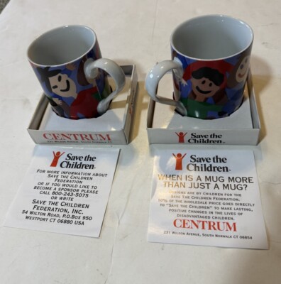 Vintage Save The Children Centrum Set Of 2 Ceramic Mugs 12 Oz. New!!!