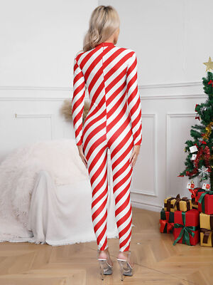 Womens Christmas Candy Cane Jumpsuit Red White Striped Bodysuit - Main Image