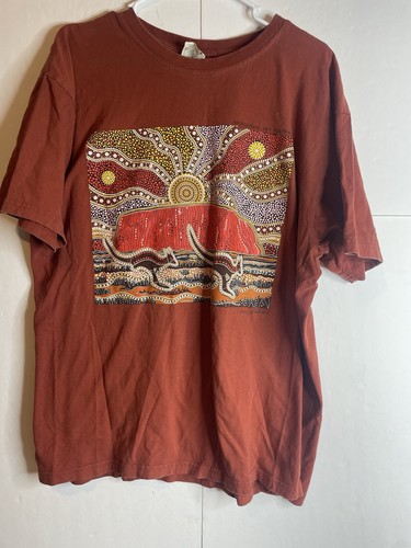 AUTHENTIC ABORIGINAL ART Mens Aboriginal Art Australia T-Shirt XXL Copper Red