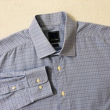 David Donahue Mens Blue Plaid TRIM Fit Dress Shirt Size 17 34/35