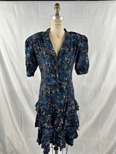 Vintage 80s Ruffle Tiered Dress Made In The USA Size M St August Abstract Print