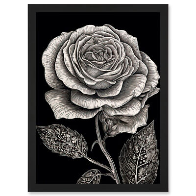 Schwarz-weiße Rosenblüte mit gemusterten Blättern gerahmtes Kunstbild Druck A3