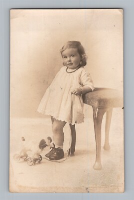Postcard Margaret Wright Studio Prop Girl With Dog Pull Toy RPPC Real Photo N25