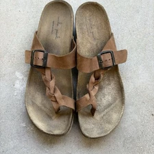 Mila Paoli Italy Women 9.5 Brown Leather Braided Strap Cork Wedge Sandals Shoes