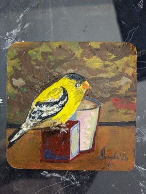 Original Artwork Miniature Oil Painting For Wall Or Mug Coaster, Goldfinch