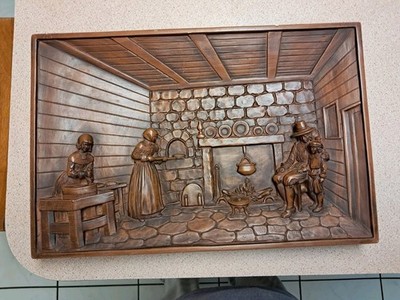 VTG JAYLESS UNITED 1959 Chalkware Wall Hanging 3D Cabin Family Fireplace MCM