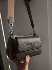 GUESS Brown Logo Monogram Crossbody Bag Beige Strap Pouch Zip/Magnetic