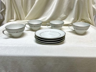Noritake Mayfair Teacup and Saucer Set of 4 Platinum Trim Great Condition