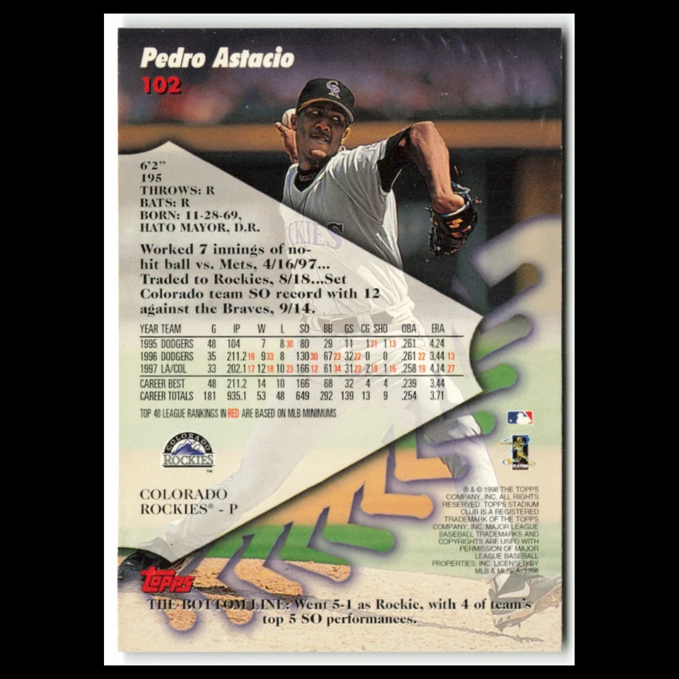 Бейсбольная карточка Педро Астасио No102 1998 Topps Stadium Club Colorado Rockies MLB почти как новая - Изображение 2 из 3