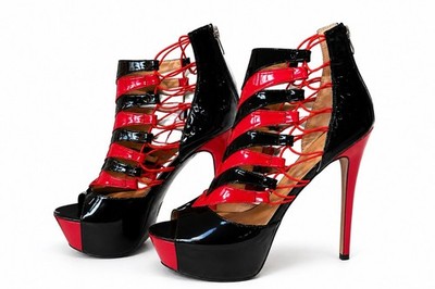 Chevron Patent Platform Stiletto Sandals Peep Toe Cage Heels Back Zip W15/M13.5