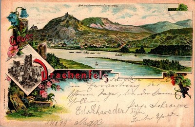 LITHO GRUSS AUS KÖNIGSWINTER DRACHENFELS 2 BILD COL. 1899 WESTFALEN