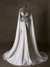 High Neck Wedding Dress Satin Mermaid Pearls Bride Vintage Floor-length Bridal