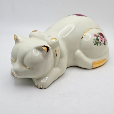 Vintage Formalities by Baum Bros Sleeping Cat Figurine Roses Ceramic