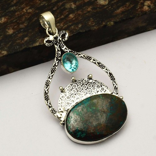 Azurite Blue Topaz Gemstone Ethnic Handmade Pendant Jewelry Gift 3" AP-22987