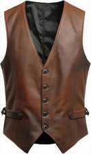 Mens Genuine Western Vest Brown Vintage Lambskin Distressed Leather Vest Biker