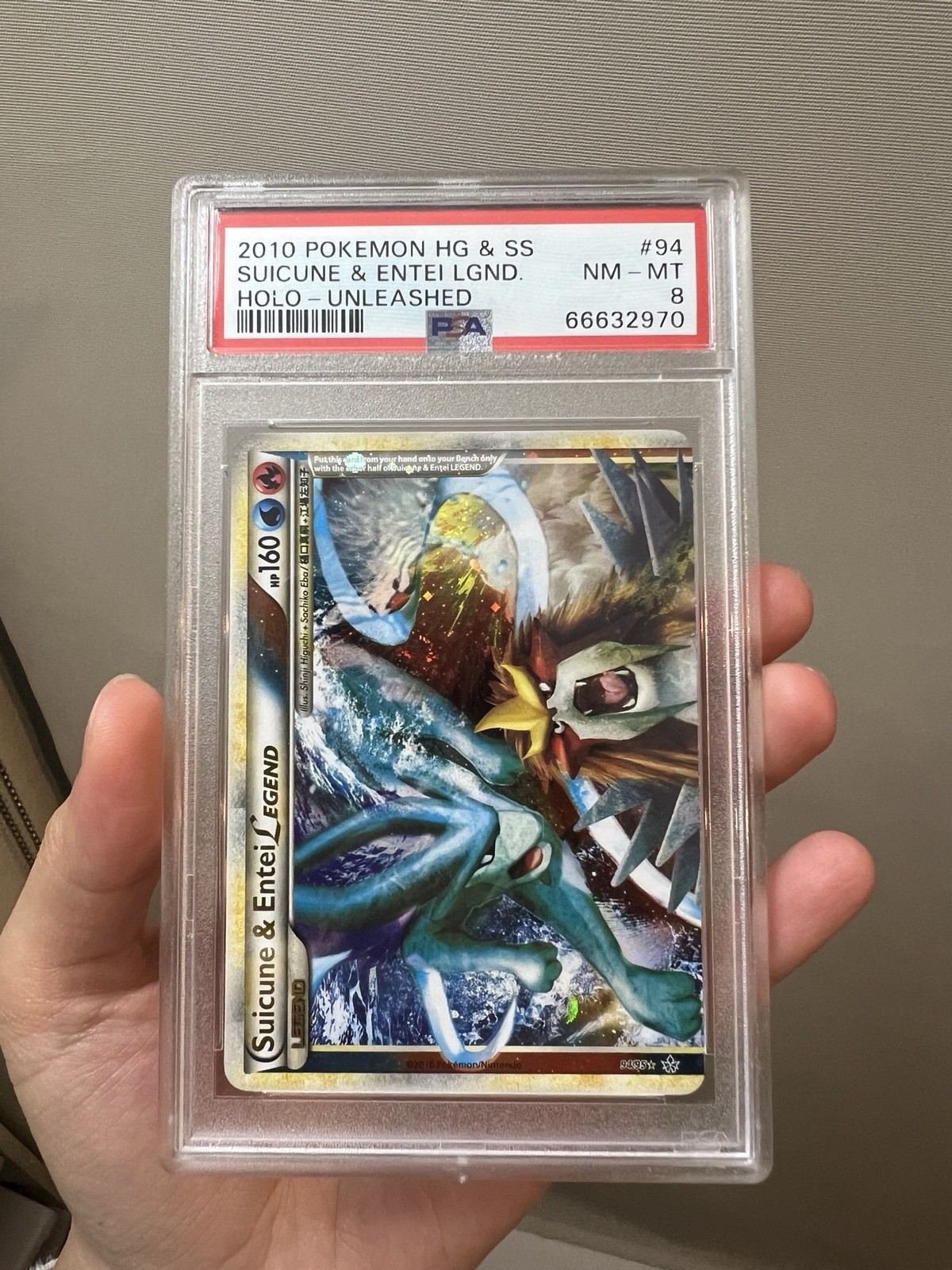 Pokemon Heatgold & Soul Silver Unleashed Suicune & Entei Legend-Holo PSA 8 SWIRL