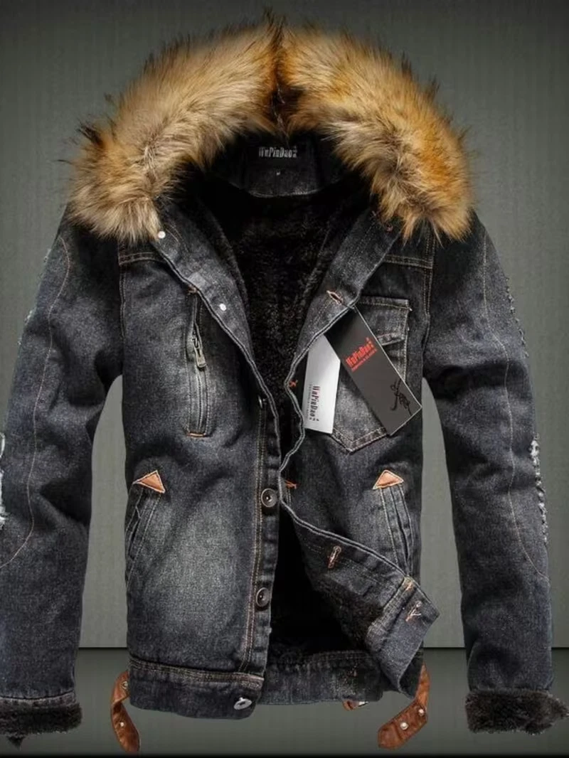 Men's Winter Vintage Jacket denim Jacket Lapel Zipper Warm Coat BIG 5XL